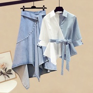 New stitching fake two-piece striped shirt denim skirt two-piece set