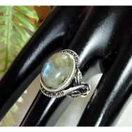 (R317) LABRADORITE NATURAL GEMSTONE ADJUSTABLE SILVER RETRO RING 拉长石天然宝石可调节银复古戒指 CINCIN PERAK BATU PERMATA