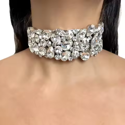 Luxury Rhinestone Choker Necklace for Women Exaggerate Prom Jewelry Wedding Bridesmaid Geometric Cry