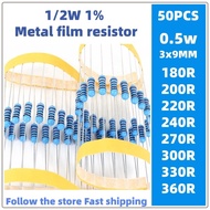 50pcs 1/2w metal film resistor 1% 0.5W 180R 200 220R 240 270R 300R 330 360R ohm