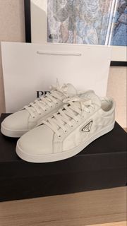 全新 Prada PRAX 01 Re-Nylon 男鞋 白色尼龍三角標誌真皮休閒鞋 Size 9 / EU43