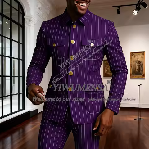 Birtish Style Stripes Suits Men 2 Piece Set Safari Style Jacket Pants Customized Stand Collar Groom 