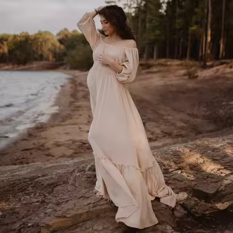Bohemian Pregnancy Dress Vintage Comfortable Linen Cotton Off Shoulder Long Sleeved Dress Boho Style