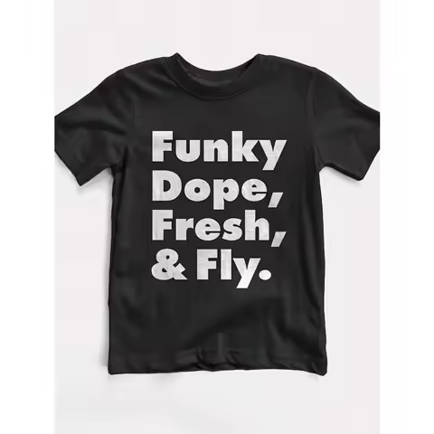 【New Arrival】"Funky Dope, Fresh, & Fly" Text Print Black Casual T-Shirt
