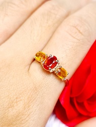 天然橙色藍寶石配黃色藍寶石銀鍍玫瑰金戒指