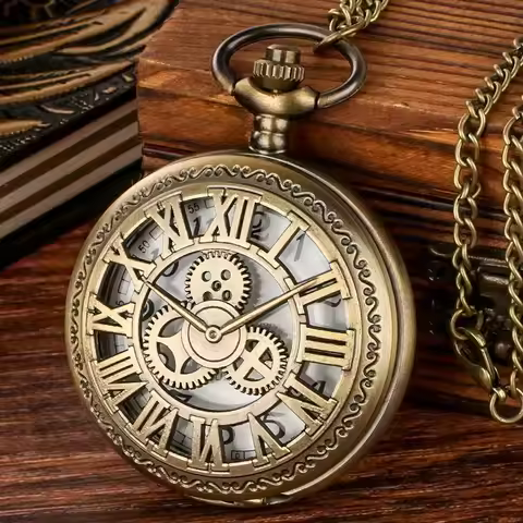 Retro Steampunk Gift Gear Quartz Pocket Watch with Chain Old Style Accessories Necklace Pendant for 
