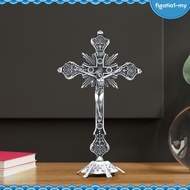 [figatia1] Free Standing Catholic Crucifix Statue Silver Alloy Cross Christian Figurine for Table Al
