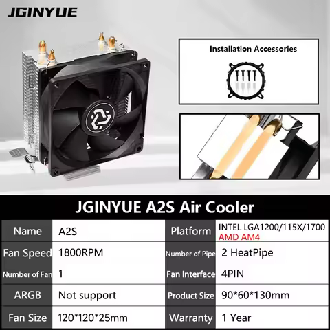 JGINYUE Air Cooler A2S 2 Heat-Pipe CPU TDP 100W CPU for Intel® LGA1700/115X AMD® AM4 Socket i3-12100