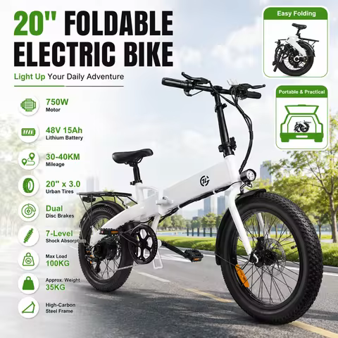 Powerful 750W Foldable Electric Bike 20 Inch Urban E-Bicycle 48V 15Ah Battery E-Bike Dual Disc Brake