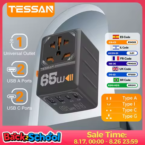 TESSAN 65W GaN International Plug Travel Adapter with USB Type C 140/100/35W Worldwide Universal Pow