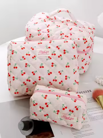 3-piece plaid cherry quilted makeup bag, large capacity portable makeup bag, travel makeup bag, cher