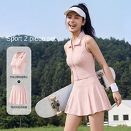 Women 7A Antibacterial Sports Set Polo Zip Top Pleated Skort Quick Dry