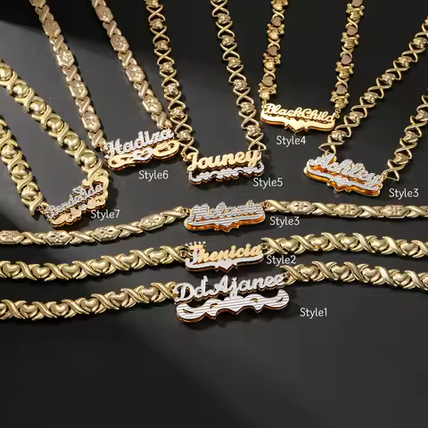 XO Chain Name Necklace Personalization 18K Gold Plated Pendant Double Nameplate Custom 3D Jewelry Va