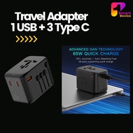 Universal Power Adapter 65W Fast GaN 3USB-C +1 USB-A Travel Plug Laptop
