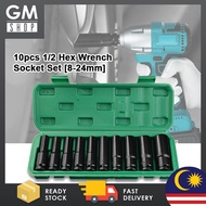 GMSHOP 10pcs Long Impact Hex Socket Set 1/2 Inch Drive Electric Wrench Socket With Storage Box (8mm 