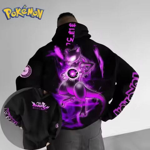 Men's Pokémon Game Mewtwo Printed Autumn/Winter Hoodies Men's and Women's Harajuku Large Size Casual
