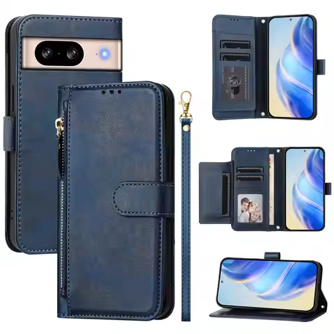 Leather Zip Wallet Card Phone Case For Google Pixel 10 9a 8 7 6 5 4a Lanyard Purse Flip Cover