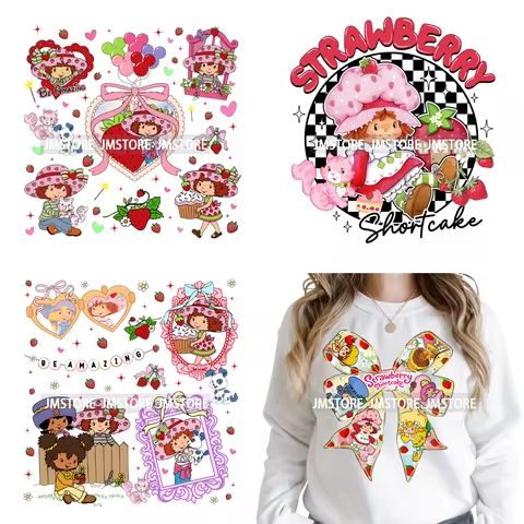 Sweet Strawberry Friends 80s Girl Cartoon Pink Coquette Bows Iron on DTF Washable Transfers Stickers