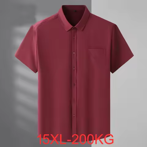 Summer Large Size 15XL Men's Short-sleeved Shirt Fat High Elastic Solid Color Shirt 12XL 11XL 10XL 9