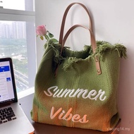 New Product Olive GreenJapanese Korean Design Feel Tassel Letter Niche Embroidered Canvas Bag Should