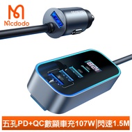 Mcdodo麥多多台灣官方 5孔 PD+QC車用充電器點菸器車充數顯充電頭107W快充 閃速 1.5M