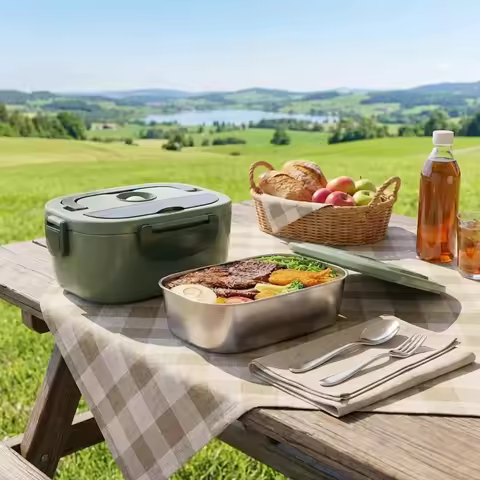 80W Portable Electric Heated Lunch Box Leakproof Stainless Steel Food Warmer 2 Compartments with Car