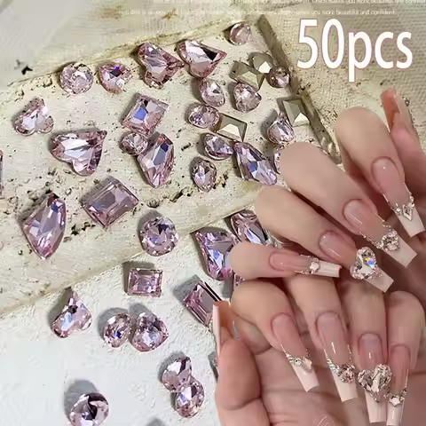 50pcs 3D Mixed-Shapes Pink Crystal Nail Art Rhinestones Big Sizes Pointed Bottom K9 Glass Diamond Na