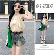 Compact Women's Outfit Set Pure Desire Style Shirt and Personality Denim Shorts