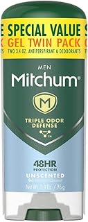 Men's Deodorant by Mitchum, Antiperspirant, Triple Odor Defense Gel Stick, 48 Hr Protection, Dermatologist Tested, Alcohol Free, Unscented, 3.4 Oz (Pack of 2)