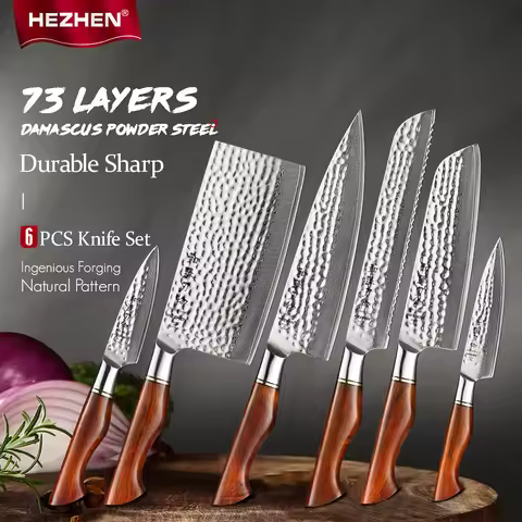 HEZHEN 1-6PC Kitchen Knife Vacuum And Deep Freezer Heat Treatment 73-Layer Powder Steel Cook Tools G
