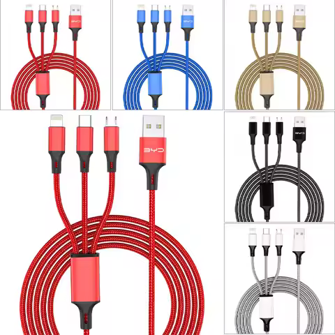 3 in 1 Type C Lightning Micro USB Car Fast Charging Cable Emblem For BYD F3 S6 F0 Tang I3 S7 G3 E5 E