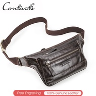 CONTACTS Genuine Leather Men Waist Pack Casual Male Fanny Pack Waist Bag Banana Pouch Cell Phone Tra