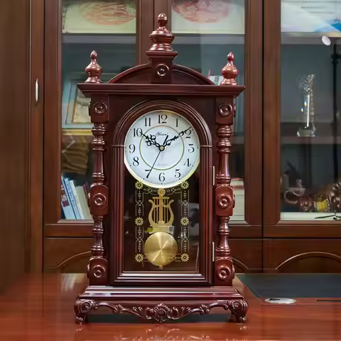 Solid Wood Table Clock Retro Swingable Desk Clock European Style Hourly Chime Household Desktop Cloc