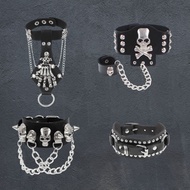 Urgent Hand Necklace Gothic Punk Bracelet Black Leather Skull Chain Rock Pin