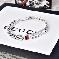 Retro 925 Silver Diamond Pattern Red Green Striped Men's and Women Bangle Tank Chain Popular Fashion Personality Couple Bracelet