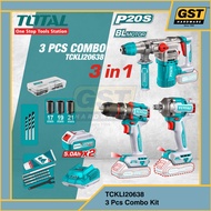 Total P20S 3PCS Cordless Combo Kit 28mm Rotary Hammer 66Nm Drill 400Nm Impact Wrench 2x5.0Ah Battery
