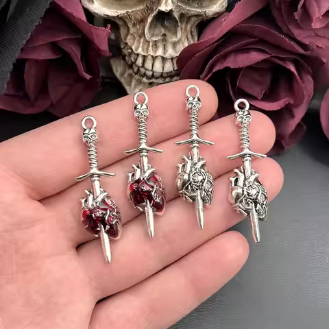 6Pcs Punk Gothic Skull Sword Charm Pendant Sword Piercing Heart Pendant Earring DIY Handmade Necklac