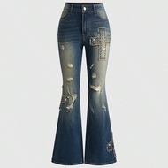 Y2K Retro Millennium Baddie Cross Stud Distressed Design Women's Slim Fit Flare Jeans
