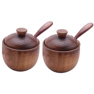 []-2Pcs Spice Jar Seasoning Can with Lid Spoon Wood Spice Storage Box Sugar Pot Salt Jars Kitchen St