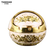Tianshan Rose Flower Pattern Ash Tray with Lid Windproof Zinc Alloy Smoking Ashtray for Living Room