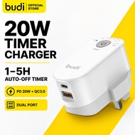 BUDI AC030TUW 20W PD Timer Charger 1–5H Auto Off USB-C + USB-A QC3.0 18W Dual Port Foldable UK Plug