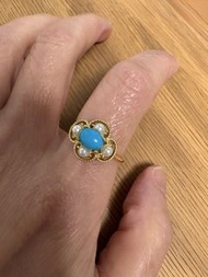 天然高瓷高藍 綠松石珍珠S925純銀鍍金戒指 High-Porcelain Turquoise and Pearl S925 Sterling Silver Gold-Plated Ring ,rin