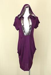 貞新二手衣 MORGAN 專櫃 靛紫連帽V領短袖牛奶絲洋裝S號(35726)