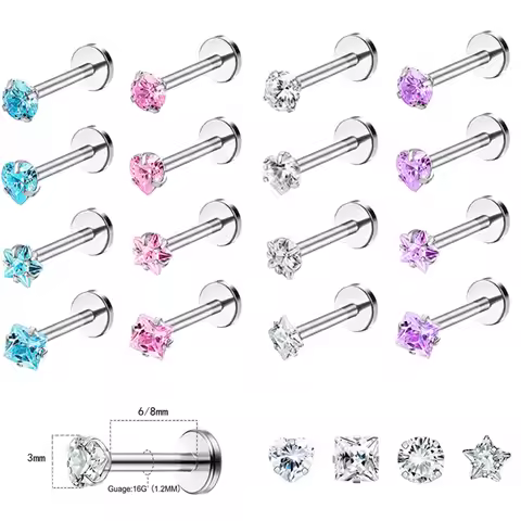 4PCS Heart Crystal Tragus Piercing Earring Set Flat Labret Piercing Set Lip Ring Lot Conch Cartilage