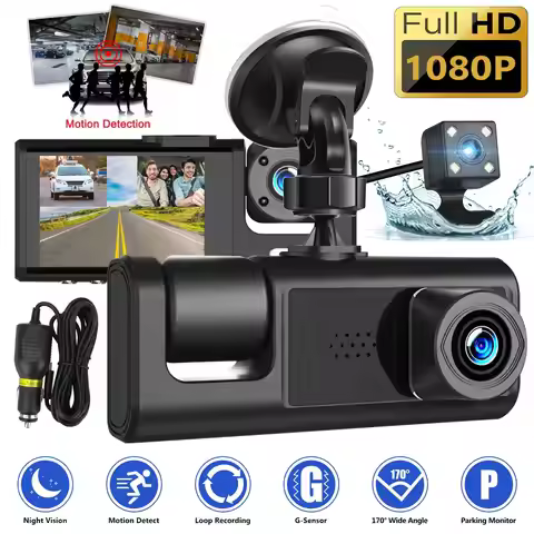 3 Camera Lens Car DVR 3-Channel Dash Cam HD 1080P Dash Camera Dual Lens Dashcam Video Recorder Black