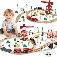 TOY Life Train Set 80pcs Wooden Train Set with Crane & Locomotive Train, Wooden Train Tracks Toy Tra
