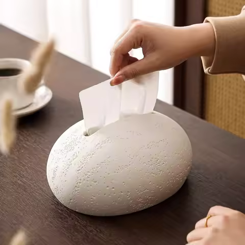 Travertine Tissue Box Cover, Stone Look Napkin Holder Living Room, Art Deco Tabletop Kleenex Dispens