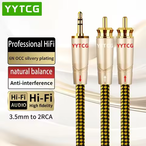 YYTCG RCA Cable 3.5mm Jack to 2RCA 6N OCC Silvery Plating High-end 3.5mm to 2RCA Audio Cable for Amp