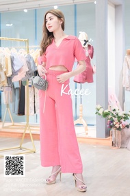 เซทเสื้อแขนสั้นคอปก กางเกงขายาวผ้าไหมพรม (K029)