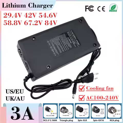 29.4V/42V/54.6V/58.8V/67.2V/84V 3A Lithium Battery Charger For 7S 10S 13S 16S 20S 29V 36V 48V 52V 60